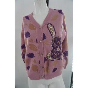 Coco Women's Size M Pink Bunny Pearl Embellished Kawaii Heart Button Sweater NWT